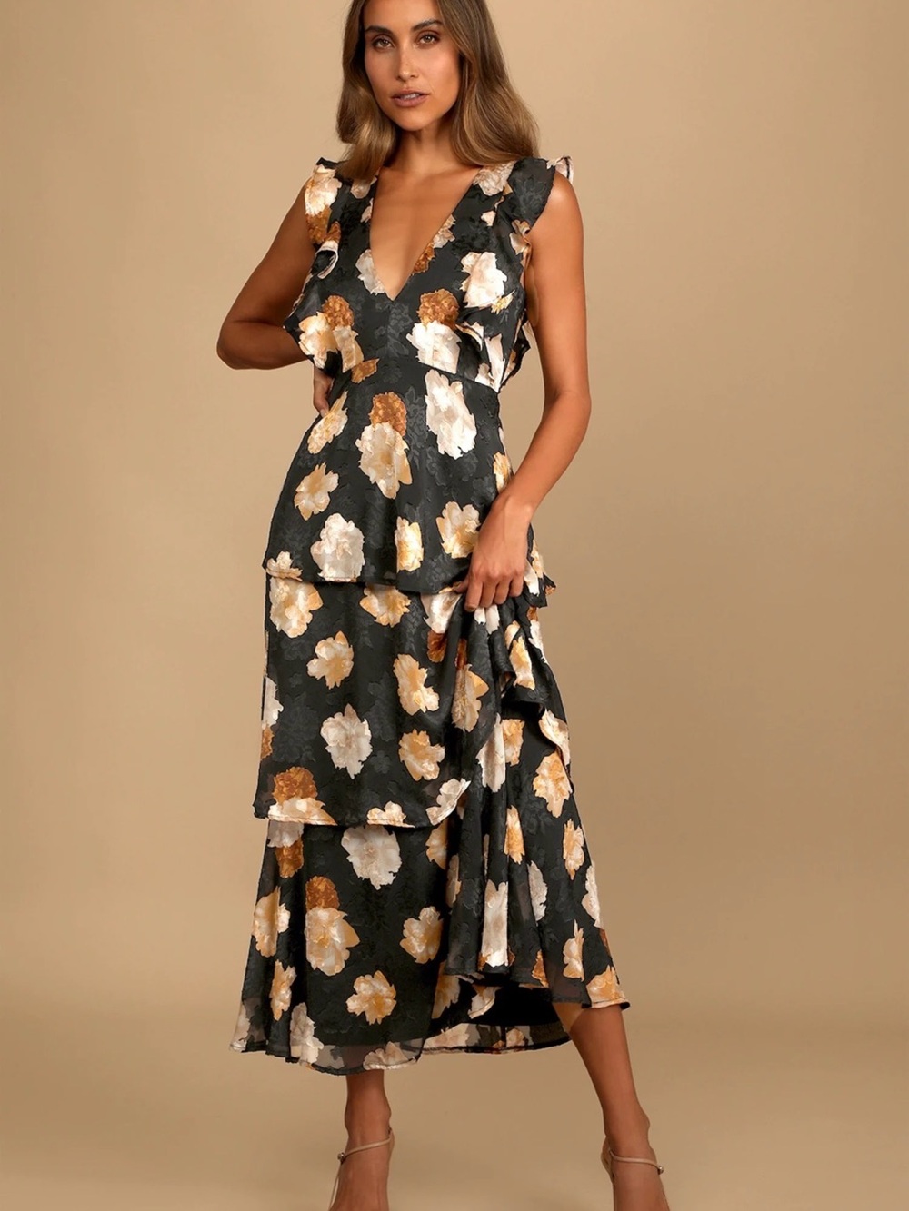 Floral Tiered V-Neck Maxi Dress in Black and Gold